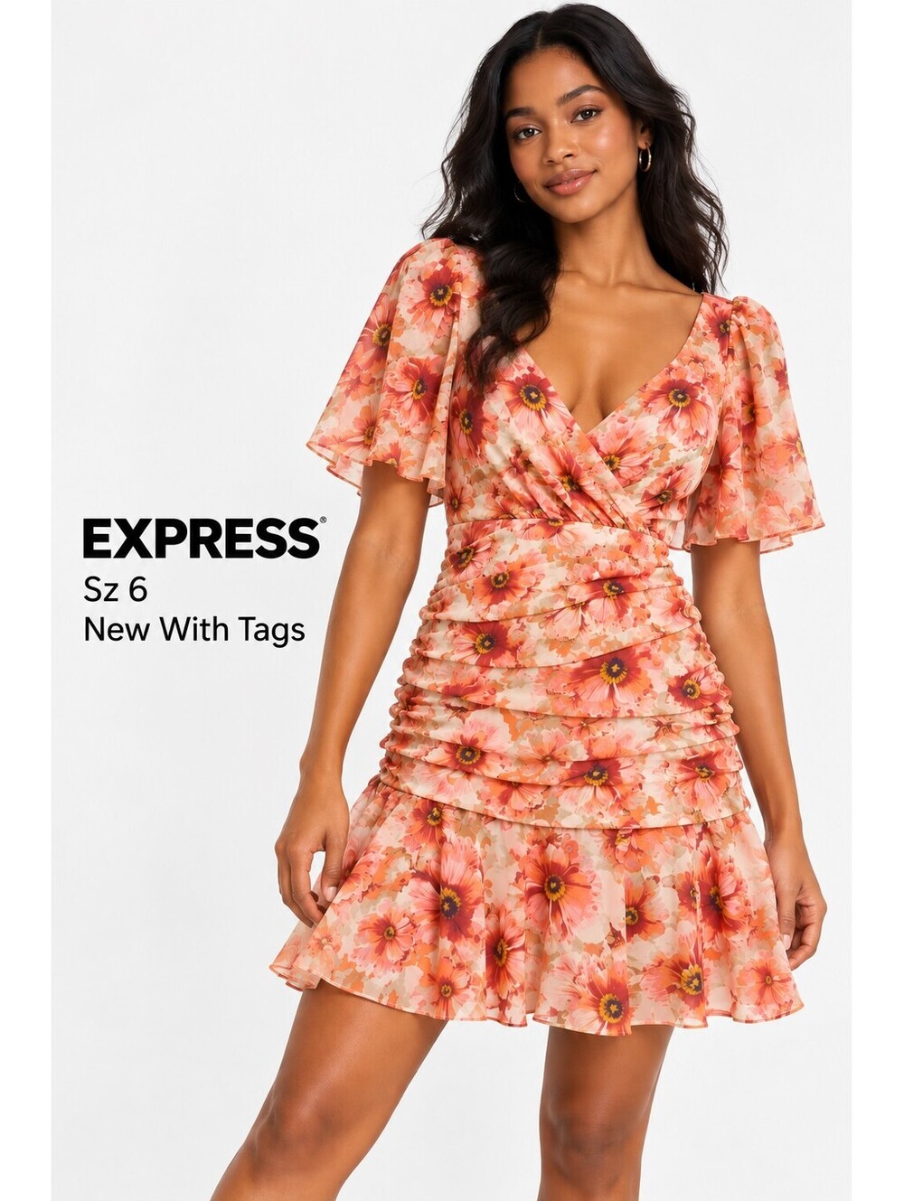 Express | 6 | Coral Floral Satin Puff Sleeve Ruched Mini Dress NWT
